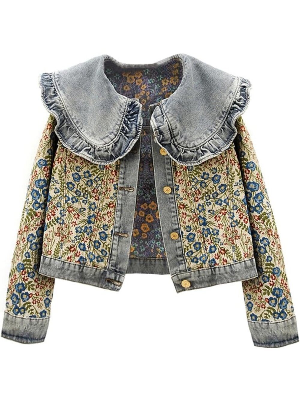 Chic Women's Peter Pan Collar Long Sleeve Denim Jacket - Jacquard Style